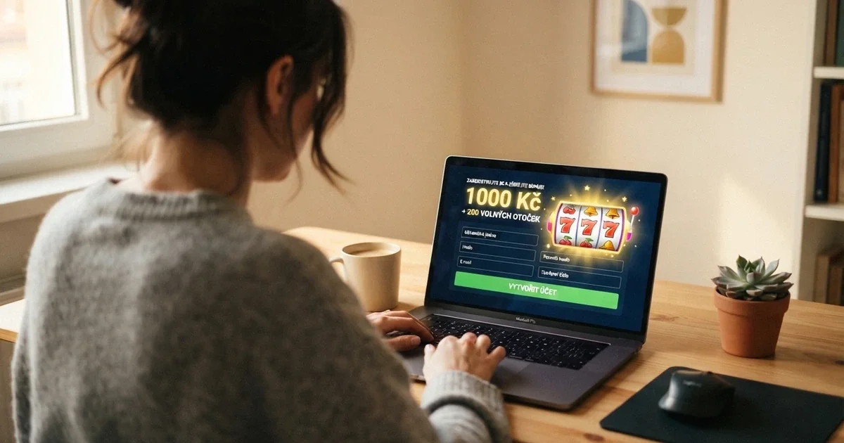 Hráč dokončující online registraci v českém casinu na notebooku, na obrazovce viditelná nabídka free spinů