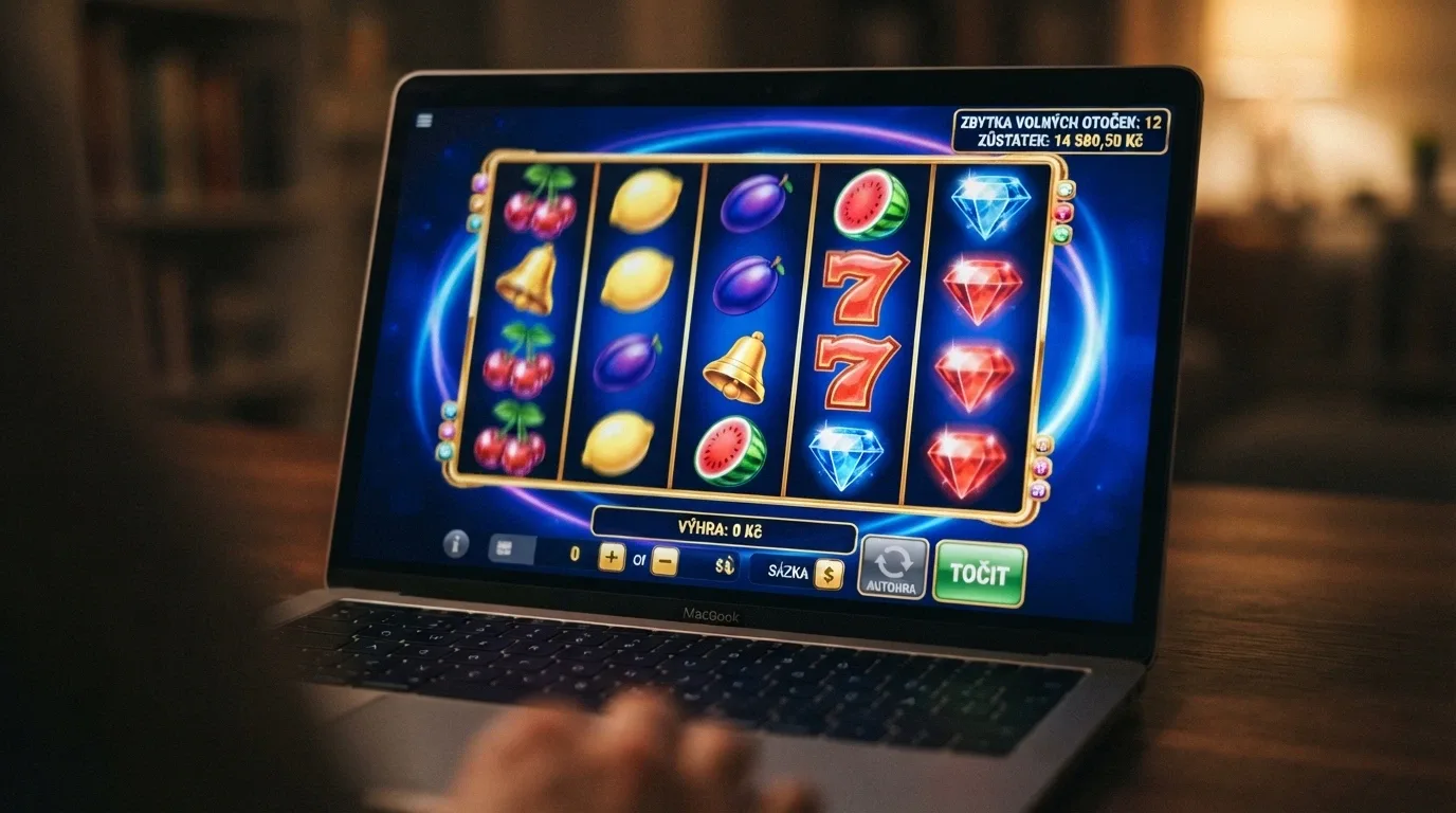 Roztočený online automat s viditelným počtem zbývajících free spinů a zůstatkem v Kč
