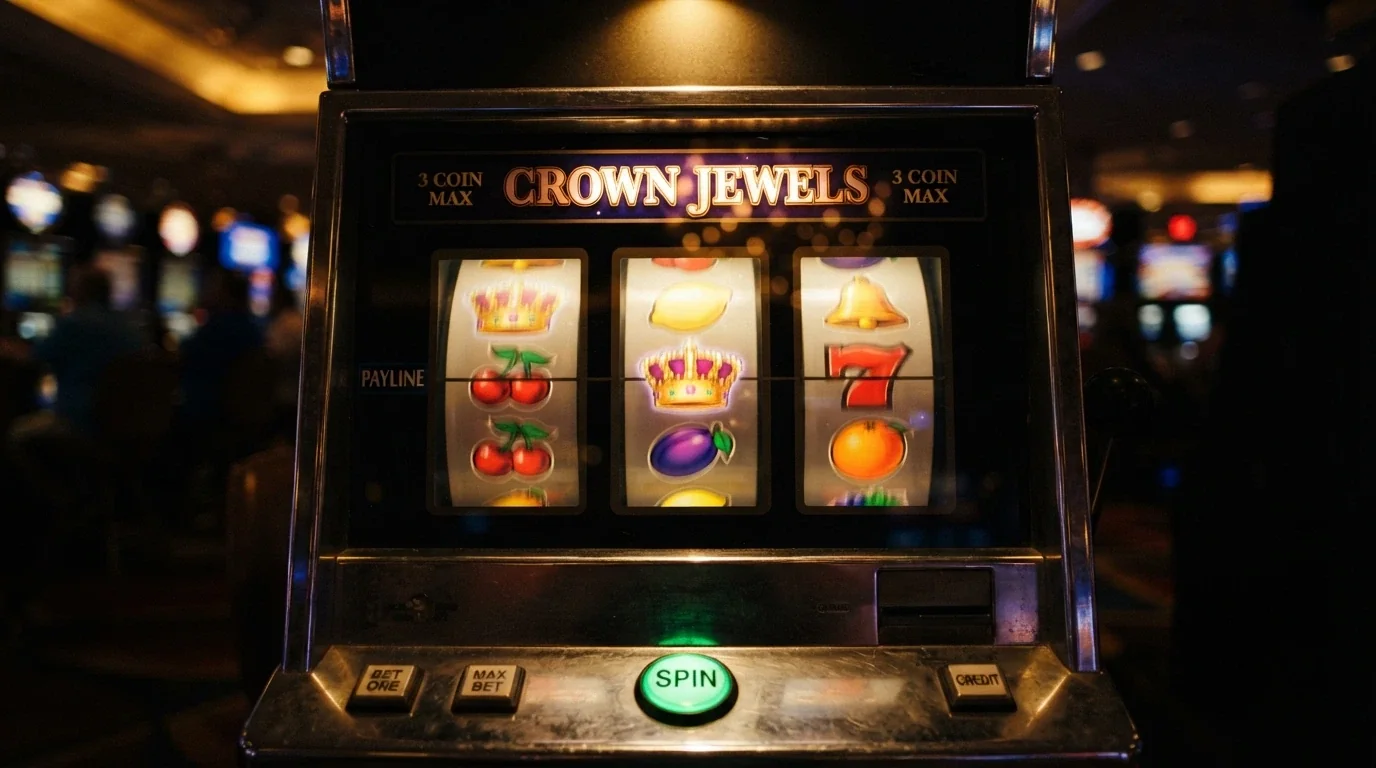 Roztočené válce automatu Shining Crown s rozzářenými symboly koruny a ovoce