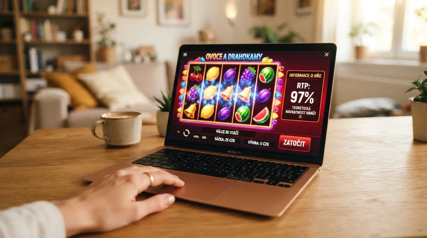 Roztočený online automat s viditelnou informační tabulkou RTP na displeji notebooku