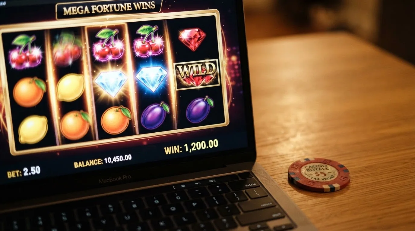 Roztočené válce oblíbeného online automatu s vysokým RTP na obrazovce notebooku — vedle leží bankovka 200 Kč