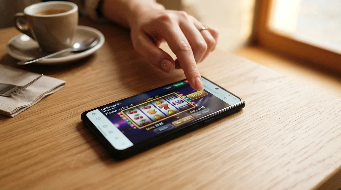 Mobilní telefon zobrazující bitcoin casino hru v prohlížeči — bez stažené aplikace, s viditelným zůstatkem v BTC