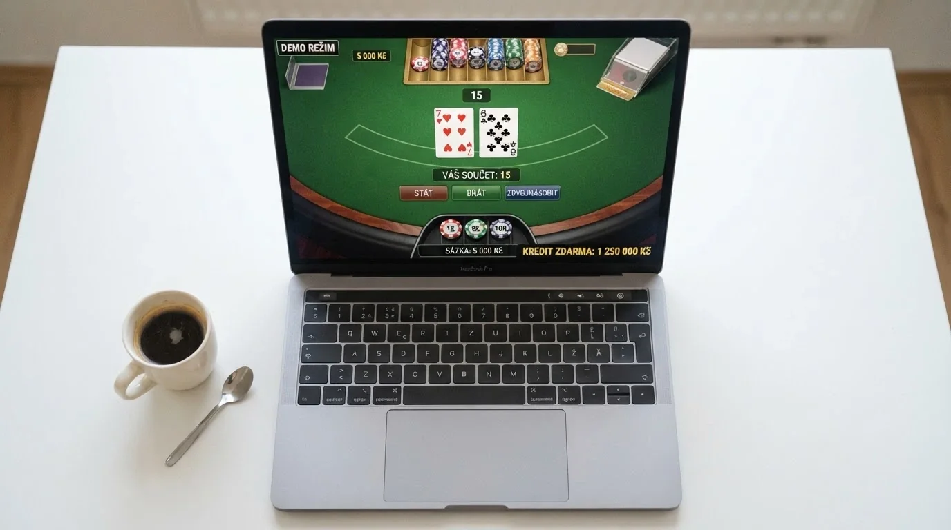 Obrazovka demo režimu blackjacku s virtuálními kredity a sázecími tlačítky