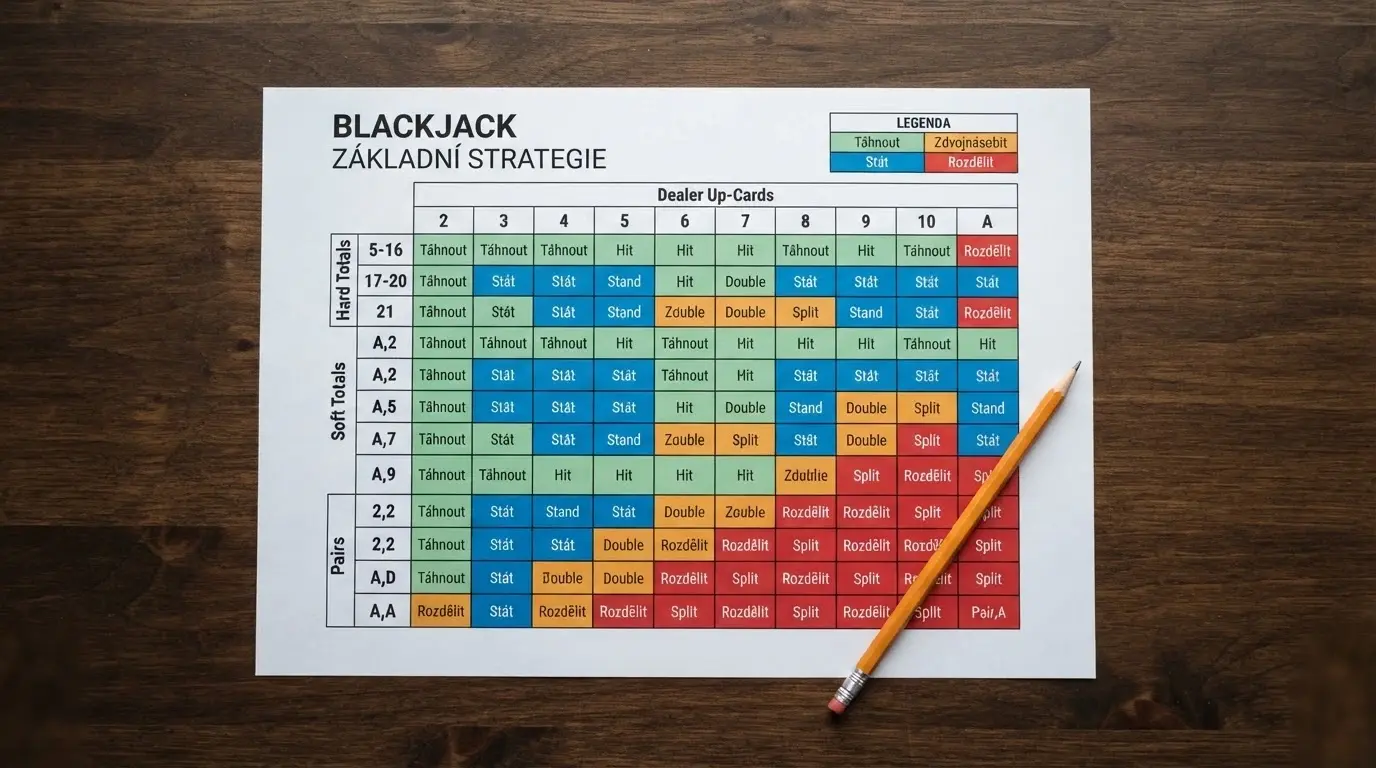 Tabulka základní strategie blackjacku s vyznačenými tahy hit, stand, double a split