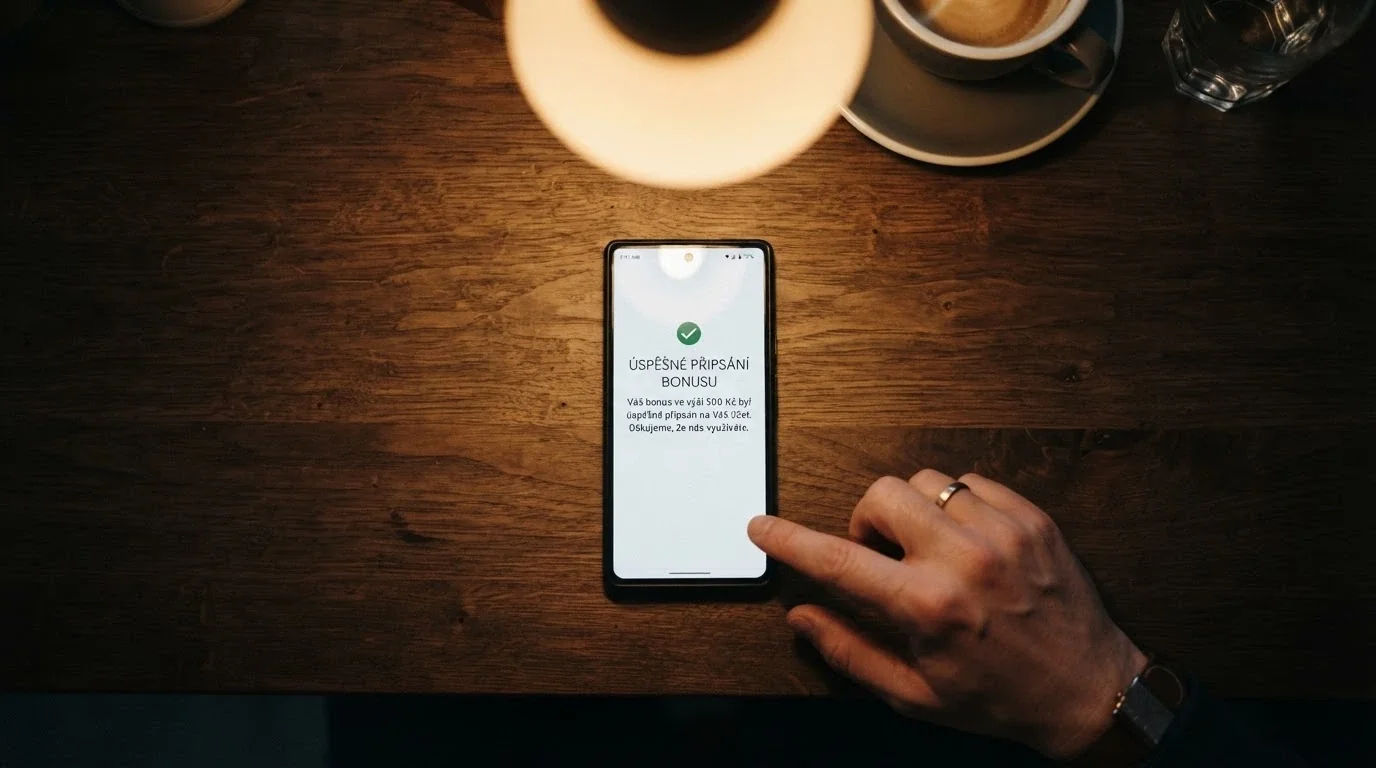 Mobilní telefon zobrazující potvrzení o připsání bonusu 500 Kč bez nutnosti vkladu