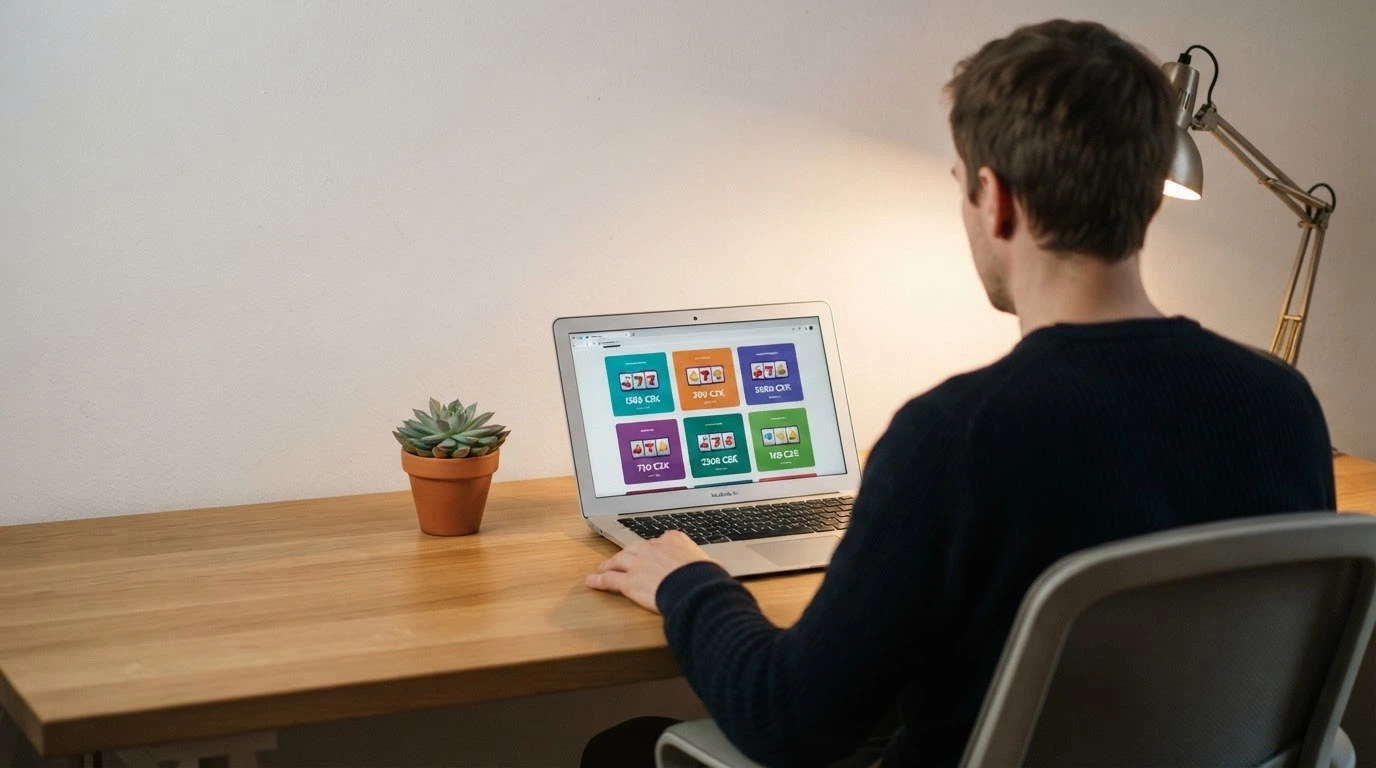 Hráč u počítače prohlížející si nabídky online casin s rozvahou