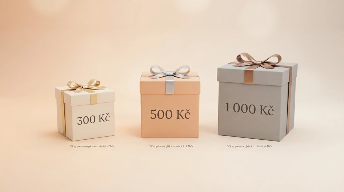 Vizualizace bonusových nabídek: tři zvýrazněné hodnoty (300 Kč, 500 Kč, 1 000 Kč) s ikonou dárku a drobným textem podmínek pod každou z nich.