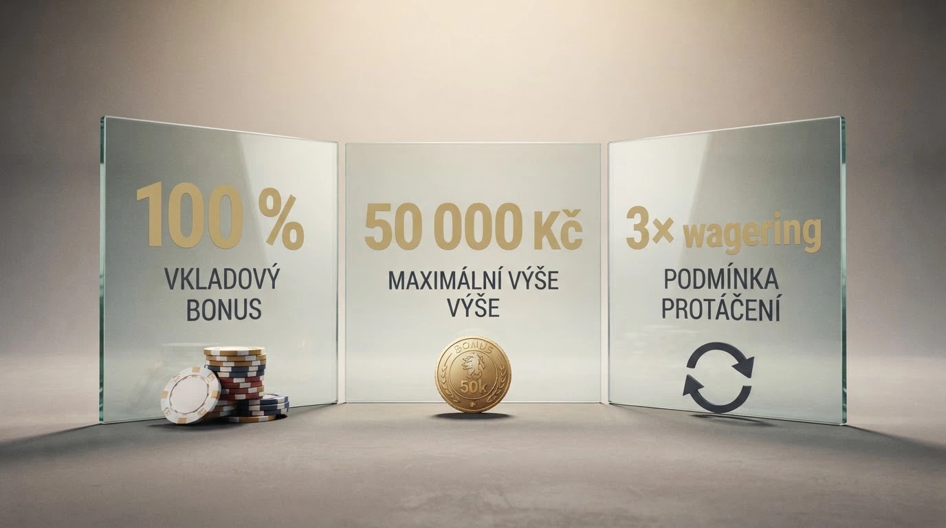 grafické znázornění bonusového balíčku — procenta, částka, podmínky protočení vedle loga operátora