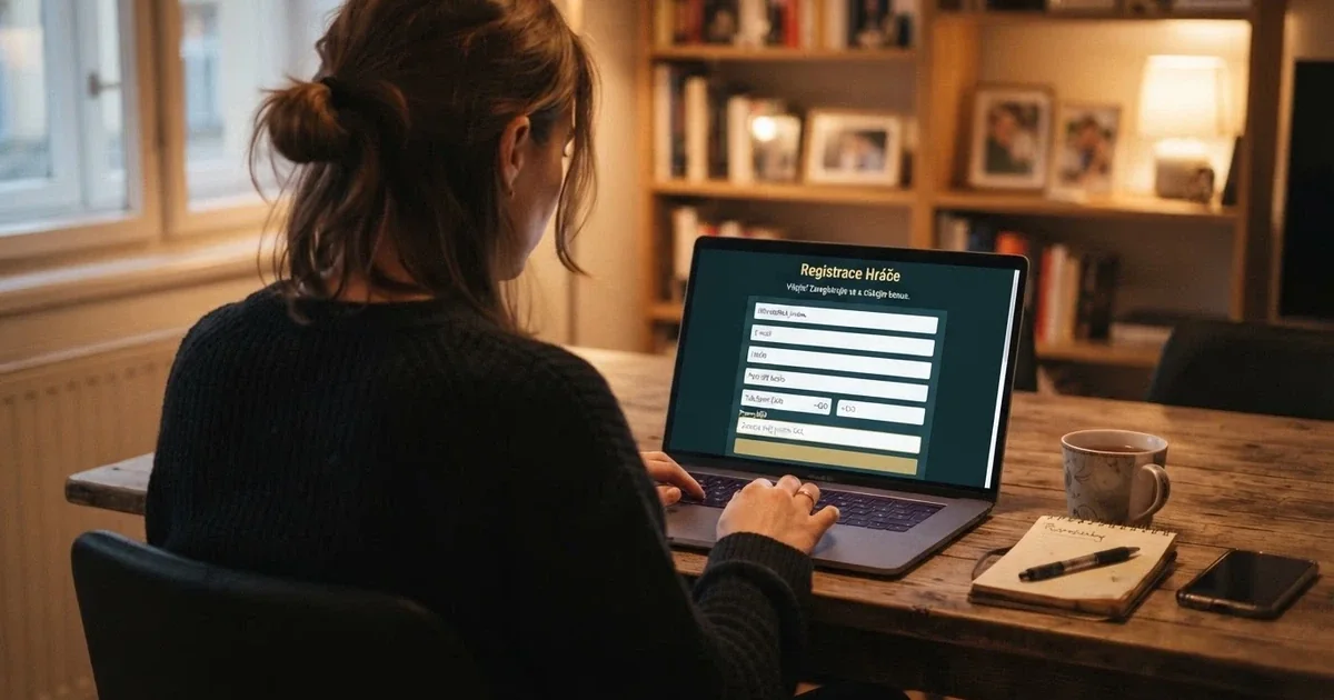 Hráč u notebooku prohlíží registrační formulář českého online casina s viditelným polem pro promo kód