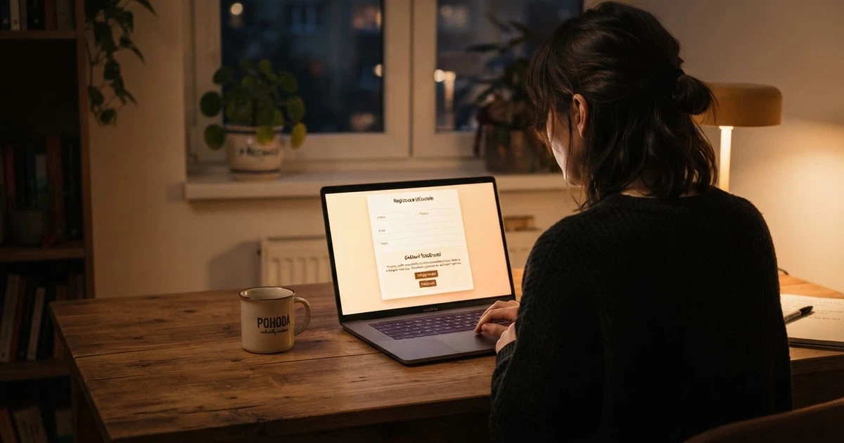 Hráč sedí u notebooku, na obrazovce registrační formulář online casina s viditelnou výzvou k ověření identity