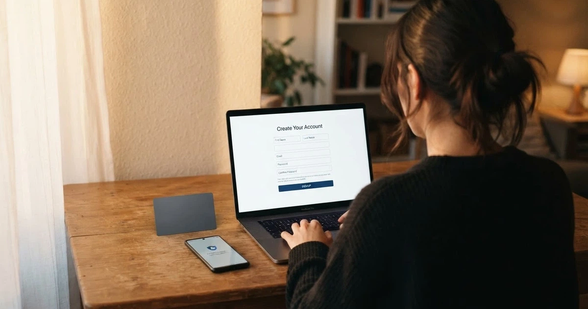 Registrační formulář na obrazovce notebooku vedle občanského průkazu a mobilního telefonu s otevřenou aplikací BankID