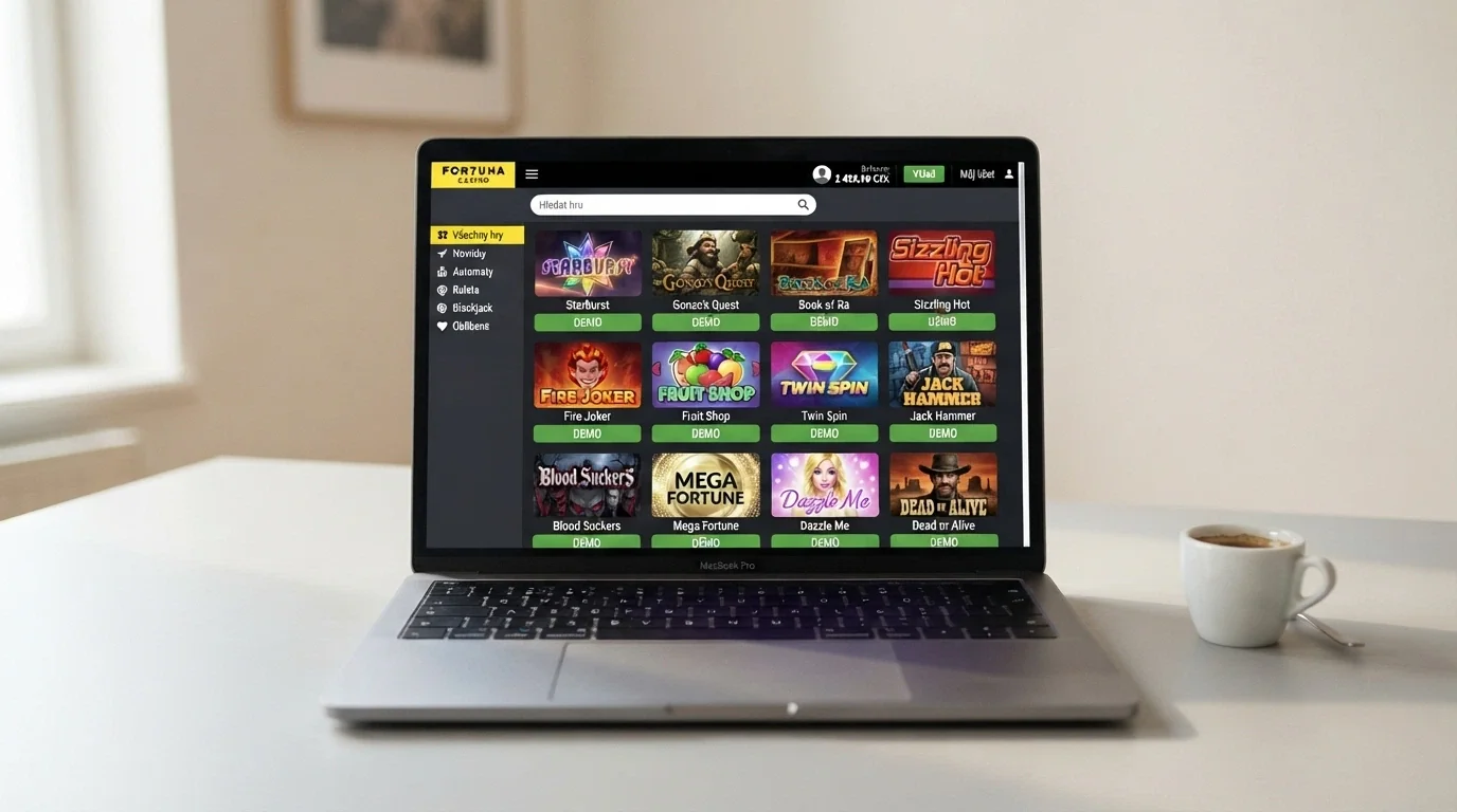 Rozhraní online casina s nabídkou demo automatů — dlaždice s obrázky her a tlačítkem „Demo“ u každé z nich