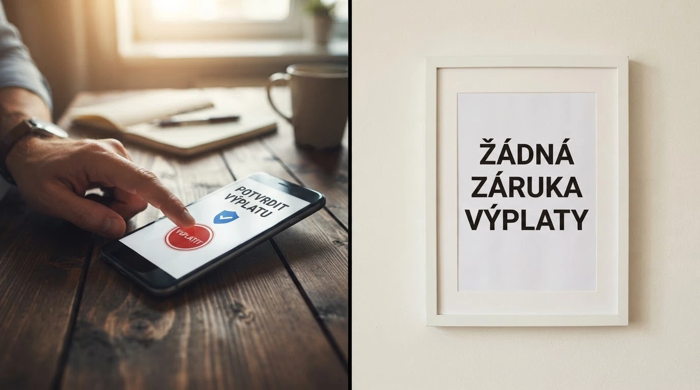 Rozdělený obraz: levá polovina ukazuje dokument s razítkem MF ČR, ikonami RVO a panic buttonu, pravá polovina prázdný rámeček s nápisem „žádná záruka výplaty“