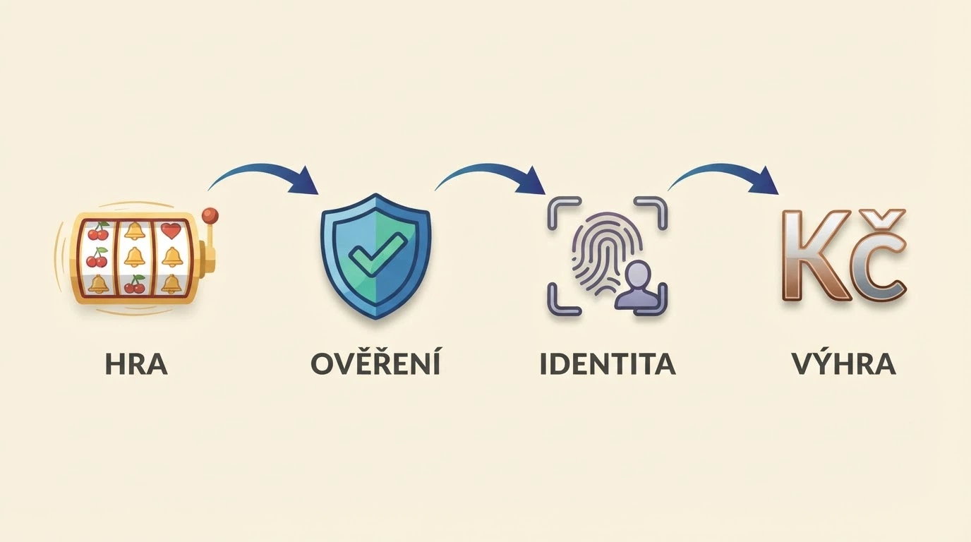 Infografika znázorňující cestu od zatočení zdarma přes splnění protočení, ověření identity až po výběr na bankovní účet