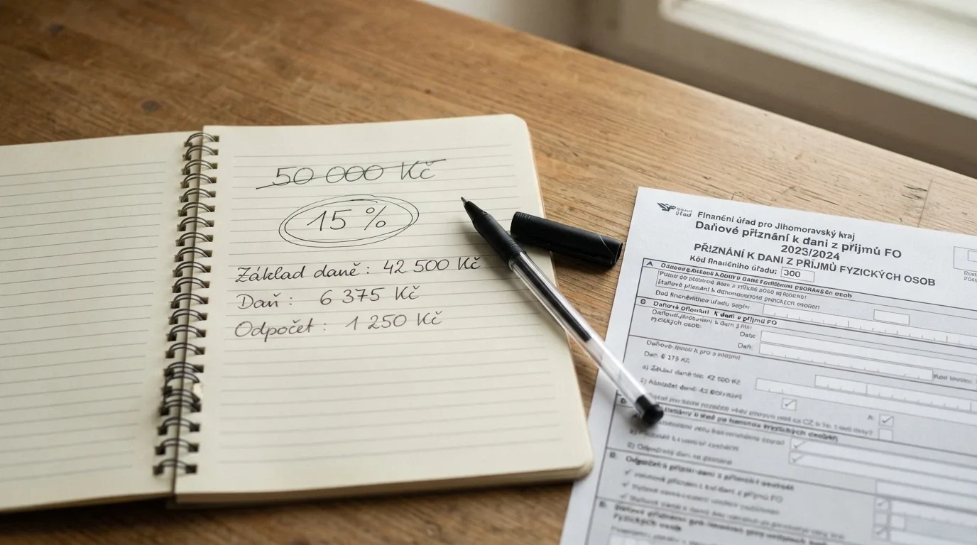 Kalkulačka vedle daňového formuláře, na displeji přeškrtnutá částka 50 000 Kč a zvýrazněných 15 %