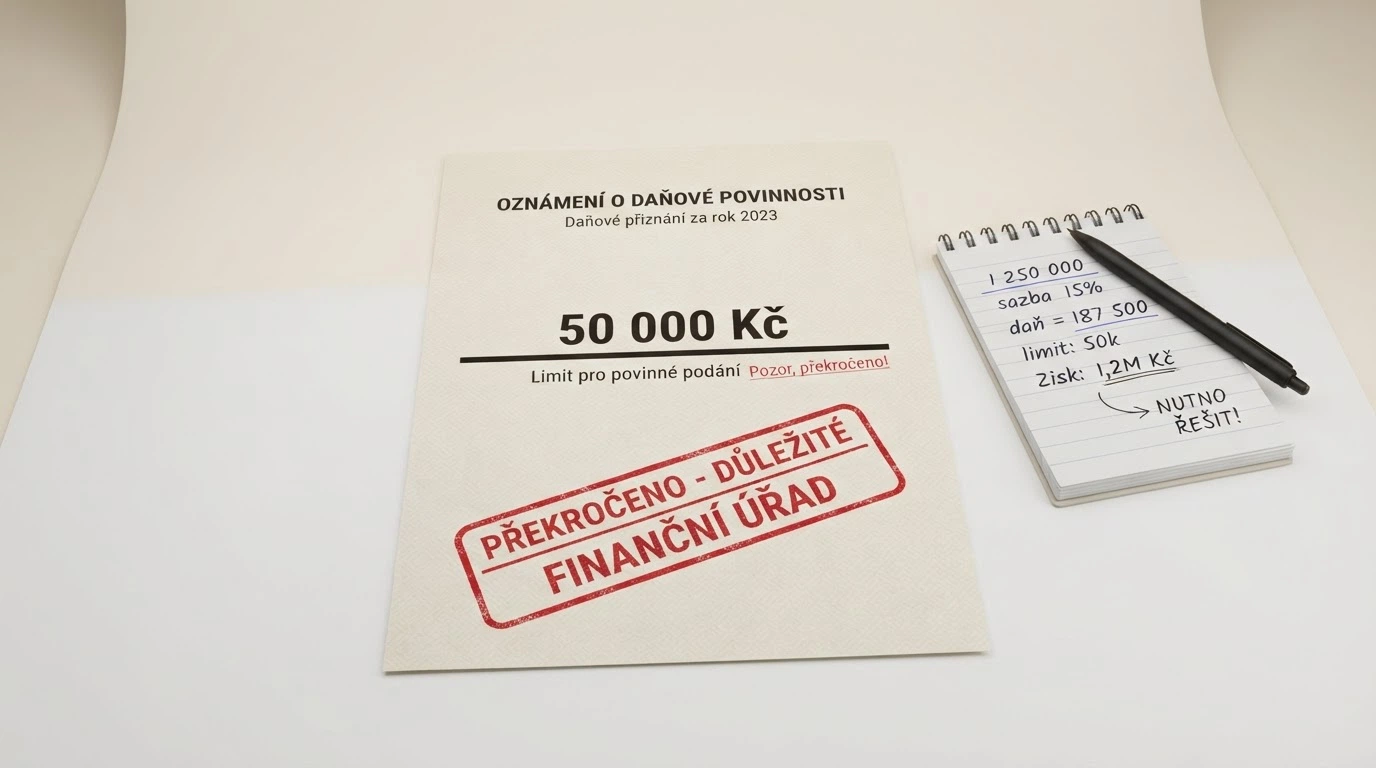 Ilustrace výherního oznámení s razítkem finančního úřadu a zvýrazněnou hranicí 50 000 Kč. Vedle kalkulačka s číslem 15 %.