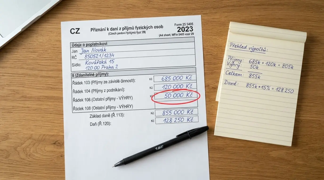 Kalkulačka a formulář daňového přiznání s vyznačenou částkou 50 000 Kč