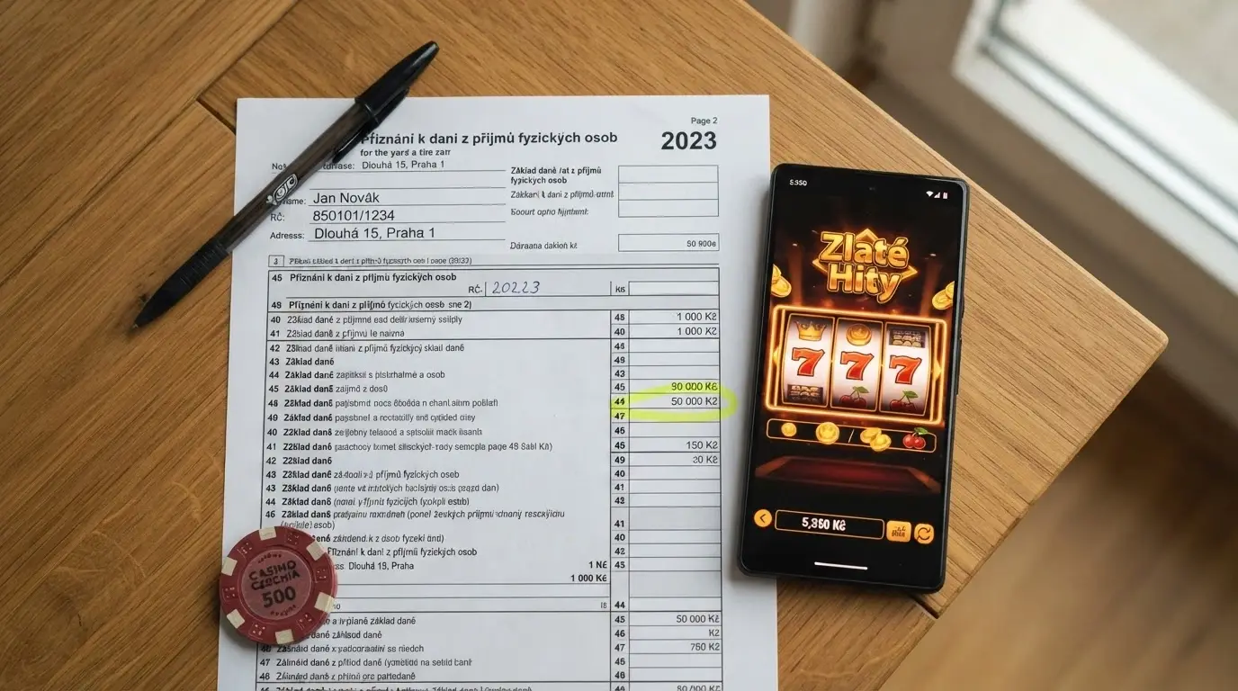 Daňové přiznání na stole, vedle mobil s otevřeným kasinem — zvýrazněná částka 50 000 Kč