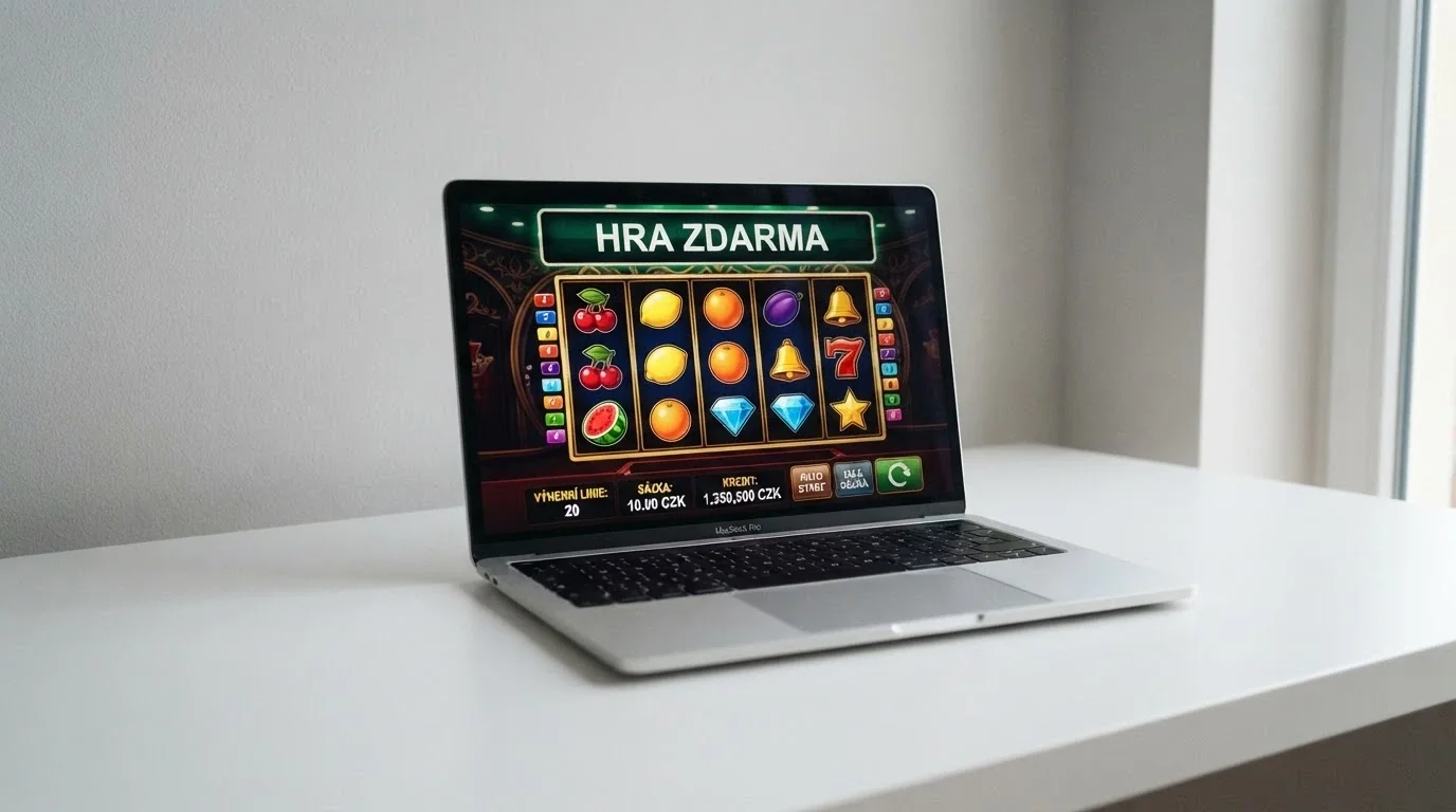 Rozhraní online automatu v demo režimu s nápisem „HRA ZDARMA“ a počítadlem fiktivních kreditů