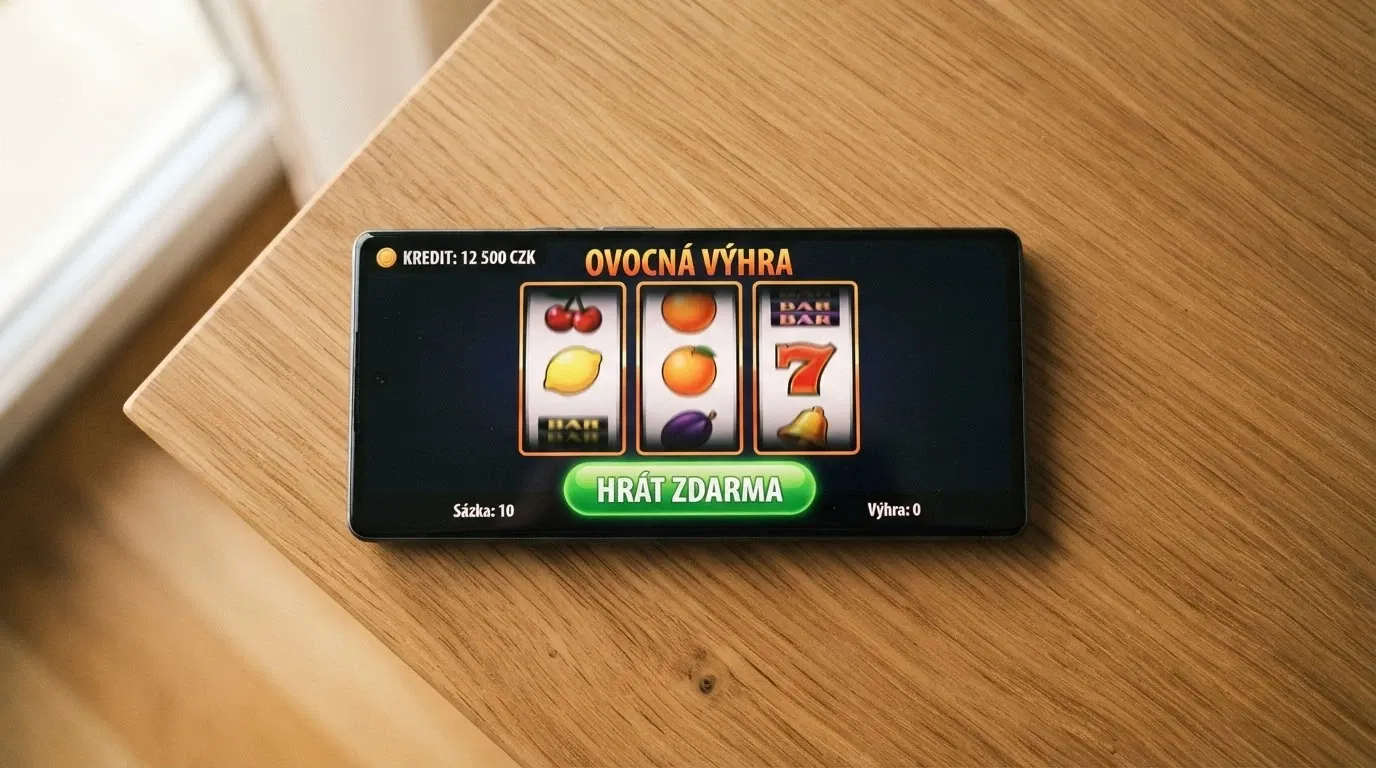 Obrazovka demo režimu klasického automatu s virtuálním kreditem a tlačítkem „hrát zdarma“