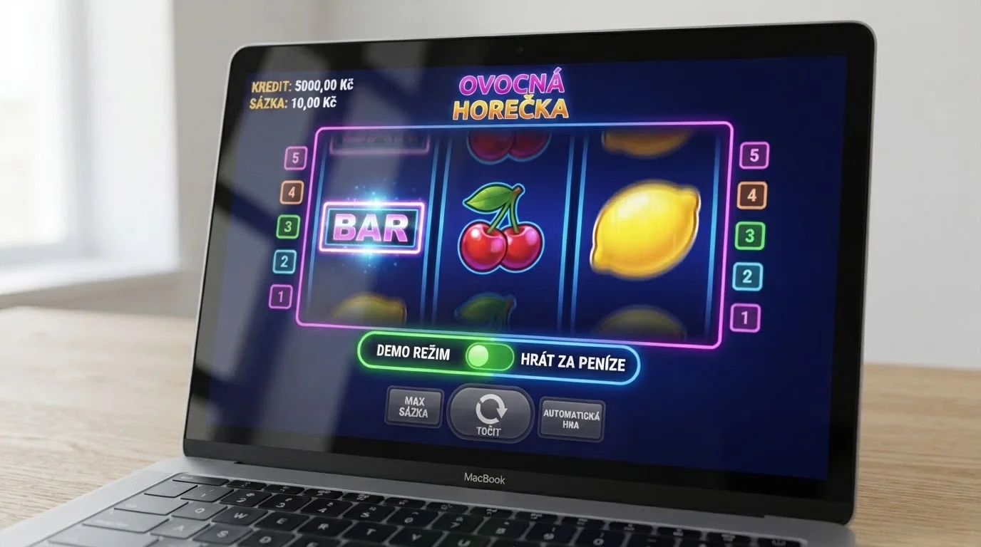 Rozhraní automatu v demo režimu s fiktivními kredity, vedle přepínač na režim o skutečné peníze