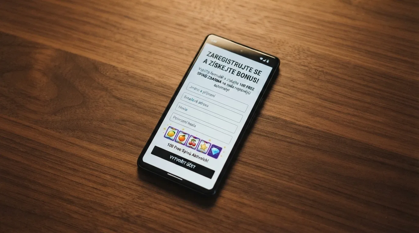 Mobilní telefon s otevřenou registrační stránkou casina a ikonou volných zatočení