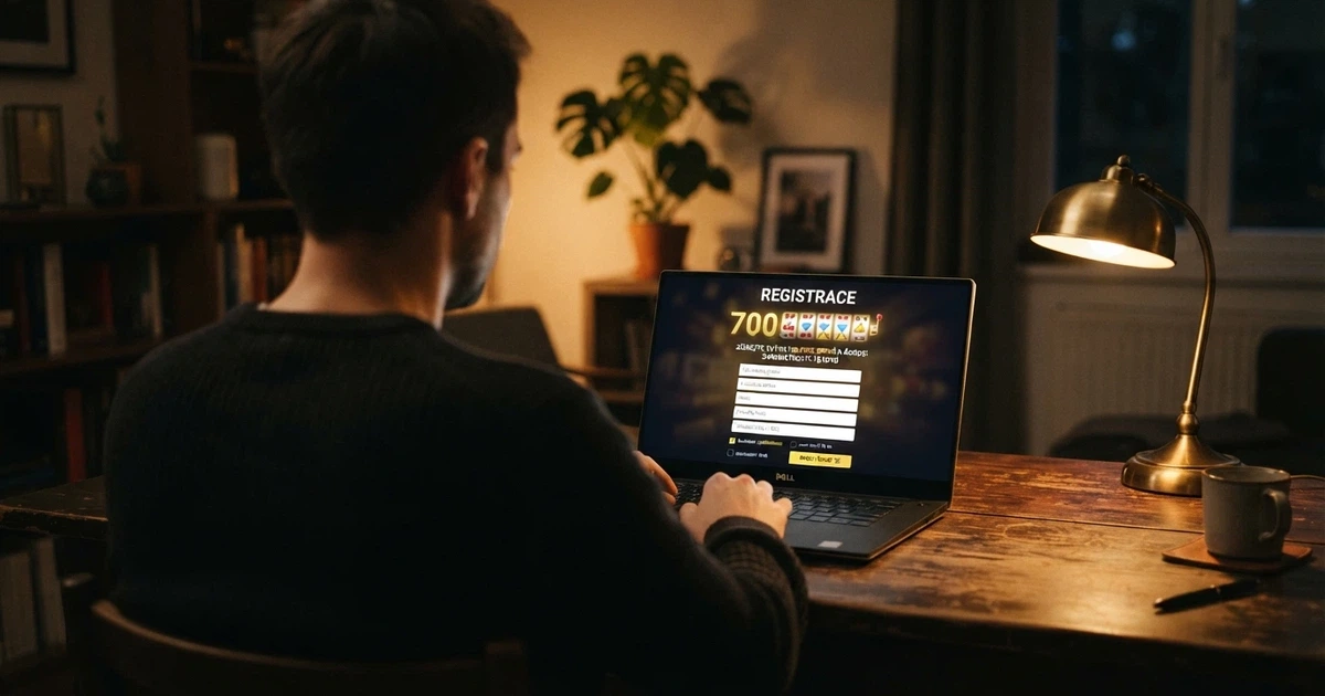 Hráč kliká na tlačítko registrace v online casinu, na obrazovce se zobrazuje nabídka volných otoček