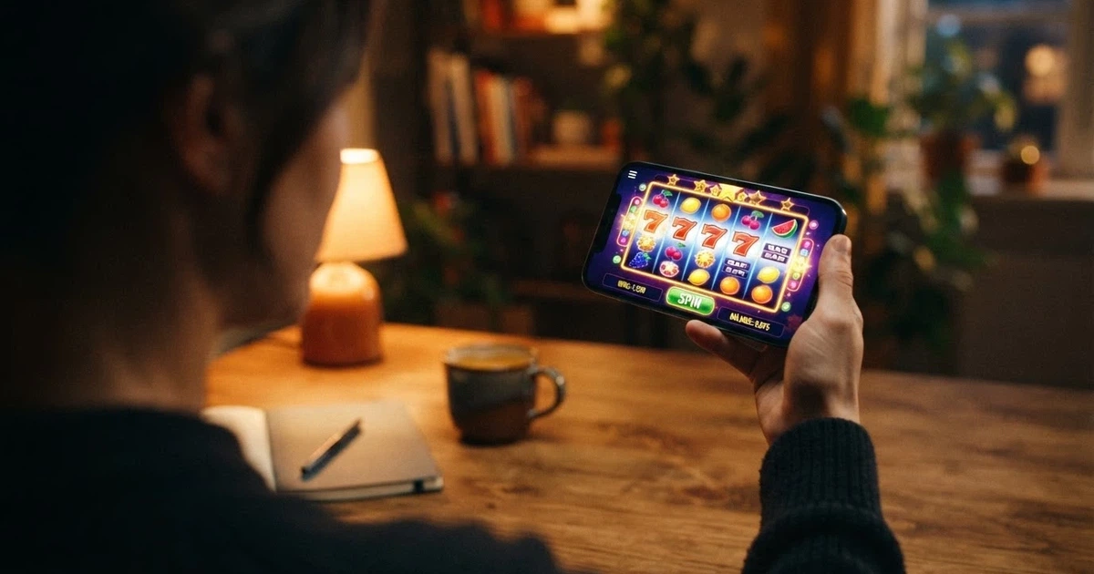 Hráč s mobilem v ruce, na displeji roztočené válce online automatu s barevnými symboly