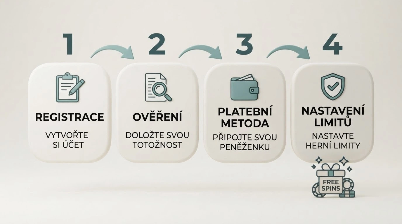 Infografika znázorňující cestu hráče od registrace přes ověření účtu až po připsání volných otoček