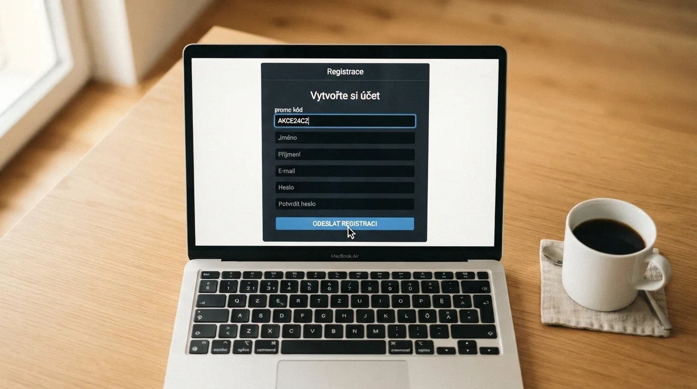Registrační formulář na obrazovce notebooku s vyplněným polem „promo kód“, kurzor myši najíždí na tlačítko „Odeslat“