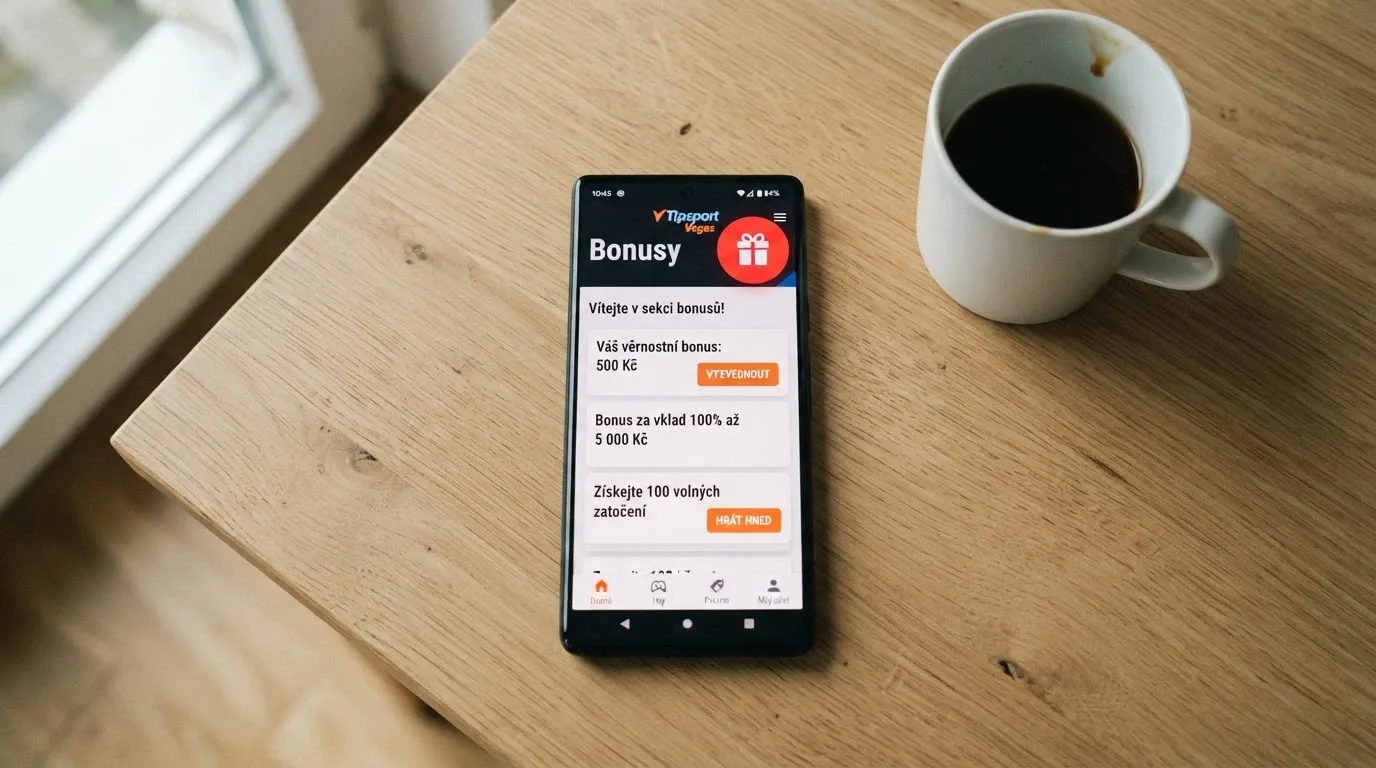 Mobilní telefon s otevřenou sekcí Bonusy v casino účtu, na displeji červené oznámení s dárkovou ikonou