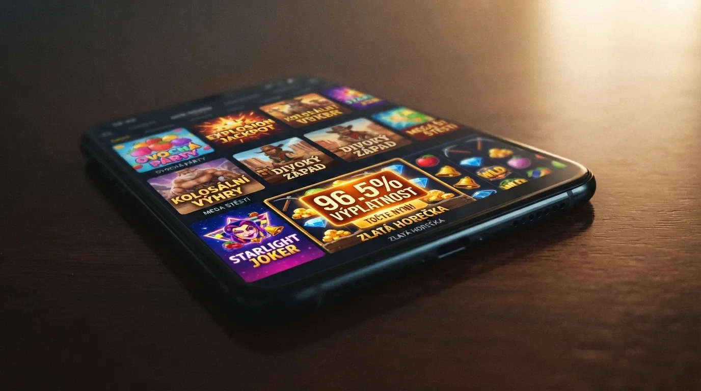 Obrazovka telefonu s dlaždicovou nabídkou automatů v mobilním casinu — v popředí detail automatu s údajem RTP 99 %