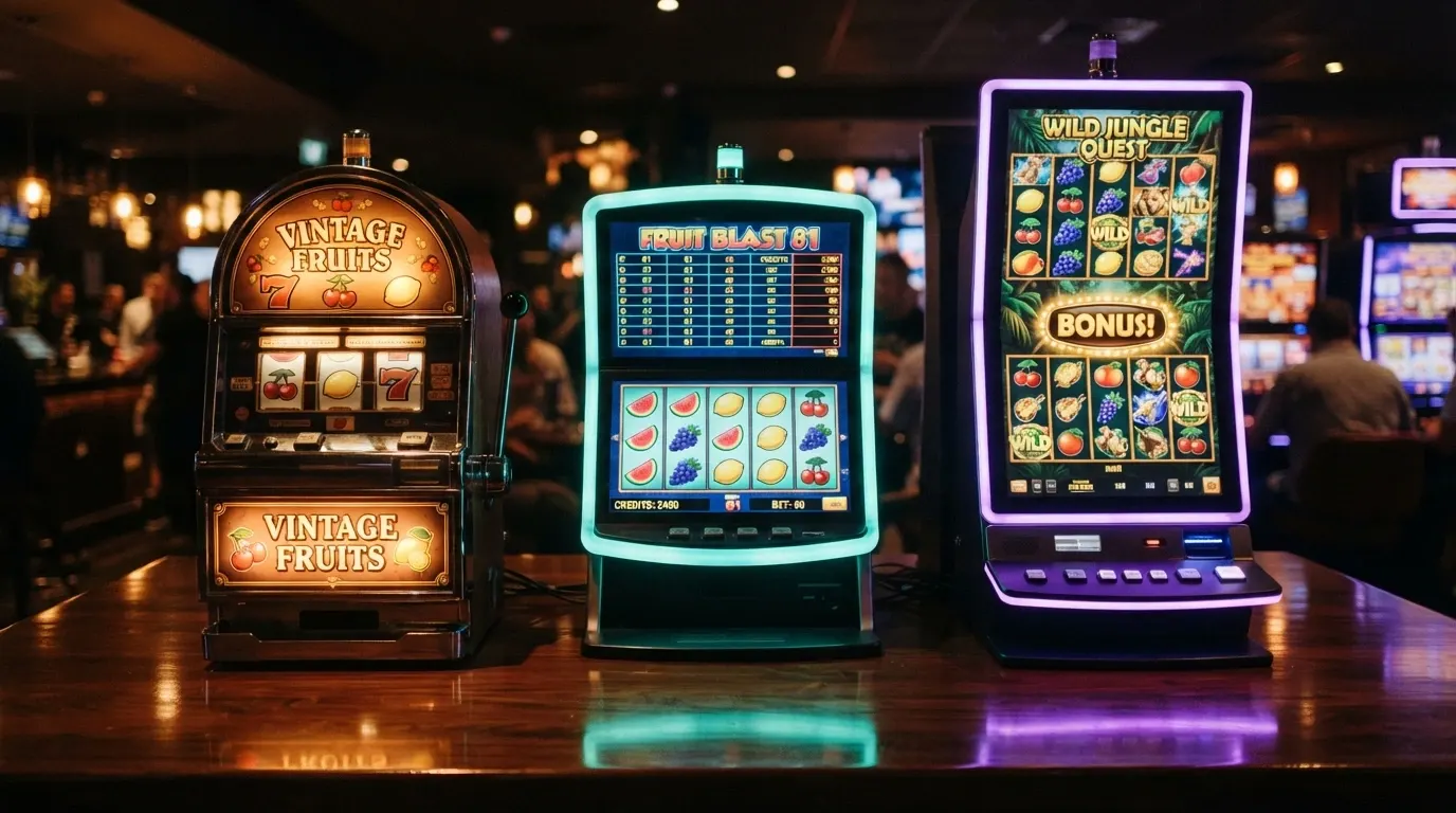 Tři vedle sebe stojící automaty — klasický tříválcový s ovocem, ovocný automat s 81 liniemi a moderní pětiválcový automat