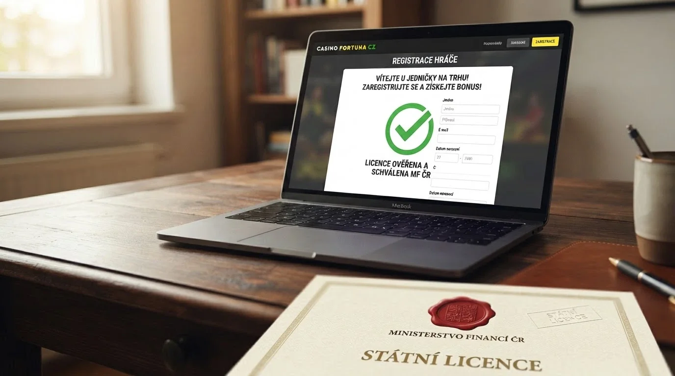 Úřední dokument s razítkem Ministerstva financí ČR vedle obrazovky s online casinem