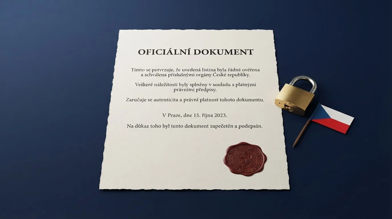 Úřední dokument s logem Ministerstva financí ČR a razítkem, vedle něj symbol zámku a česká vlajka