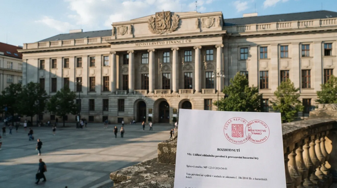 Úřední budova Ministerstva financí ČR s logem a razítkem „základní povolení — hazardní hra“