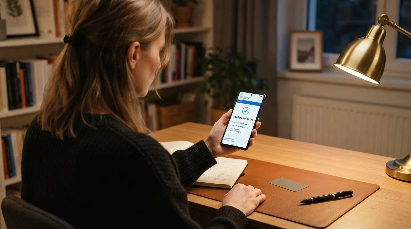 Detail mobilního telefonu s otevřenou stránkou registru MF ČR, vedle telefonu položený občanský průkaz