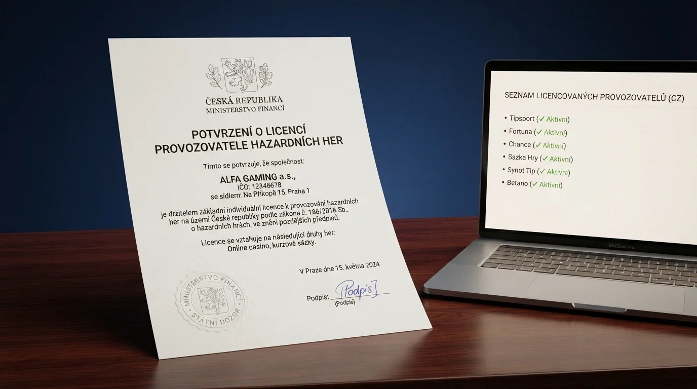 Úřední dokument s logem Ministerstva financí ČR a razítkem, vedle něj obrazovka s přehledem licence online casina