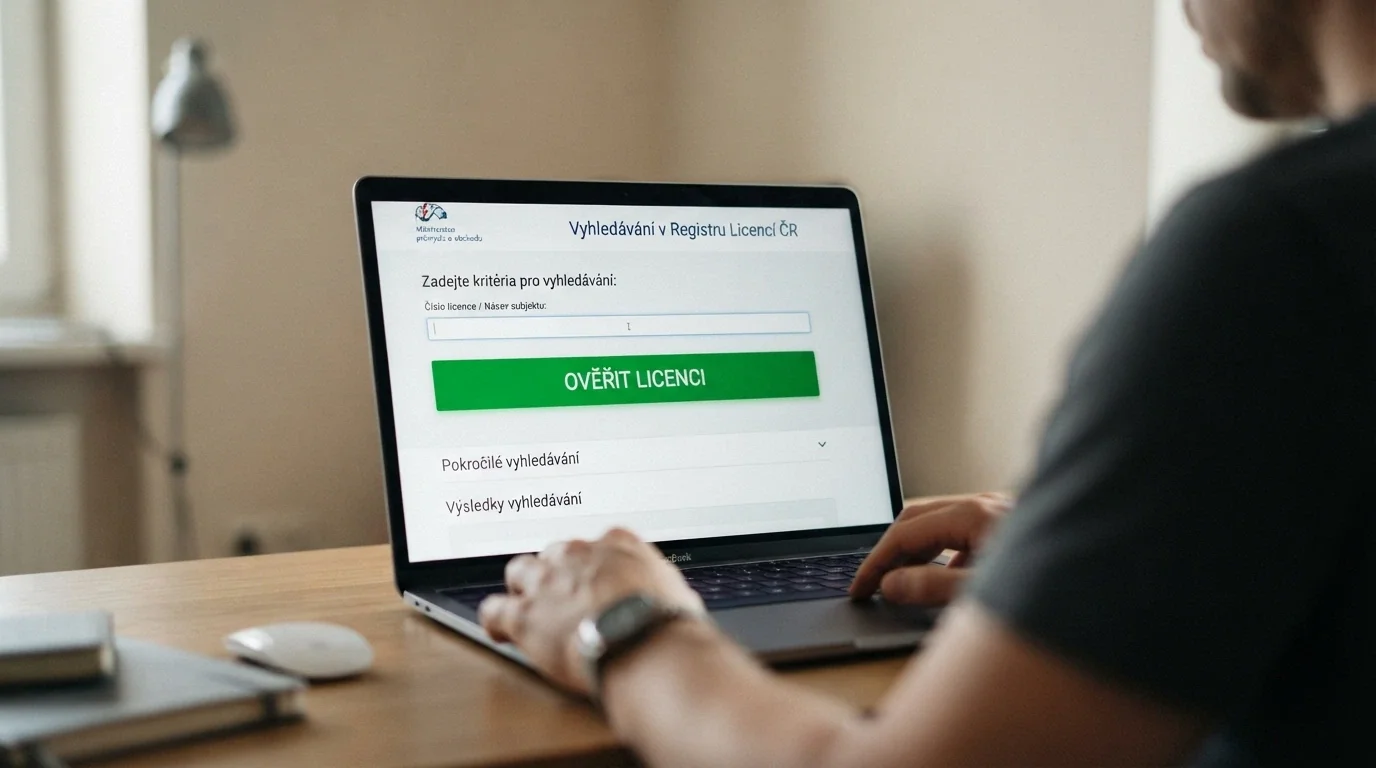 Detail licenčního certifikátu MF ČR na obrazovce monitoru, vedle logo Ministerstva financí