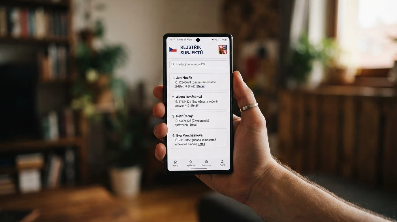 Detail displeje telefonu s vyhledaným veřejným rejstříkem držitelů licence na webu Ministerstva financí ČR