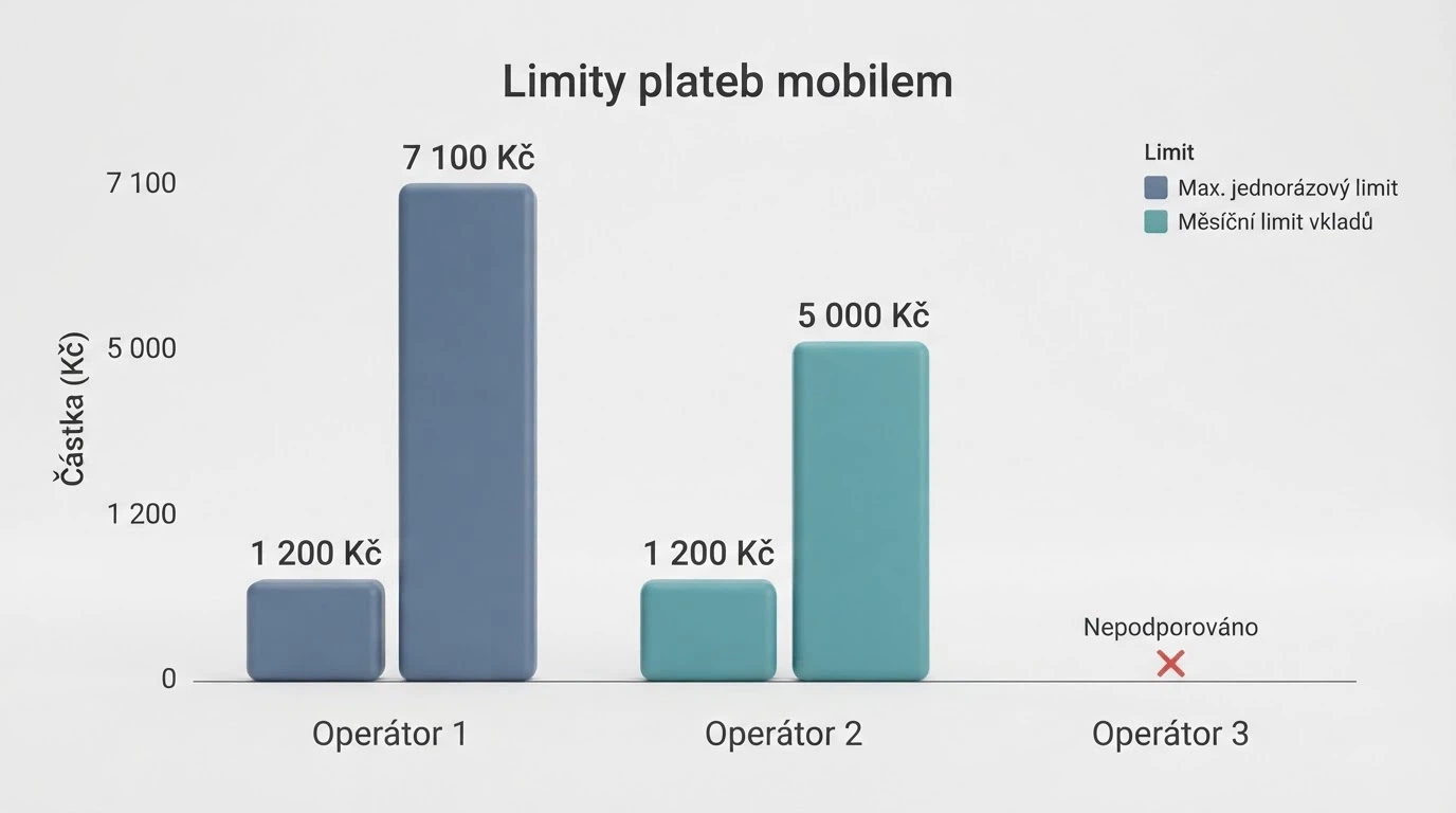 Přehledová infografika — tři sloupce pro Vodafone, O2 a T-Mobile s čísly maximálních transakcí a měsíčních stropů