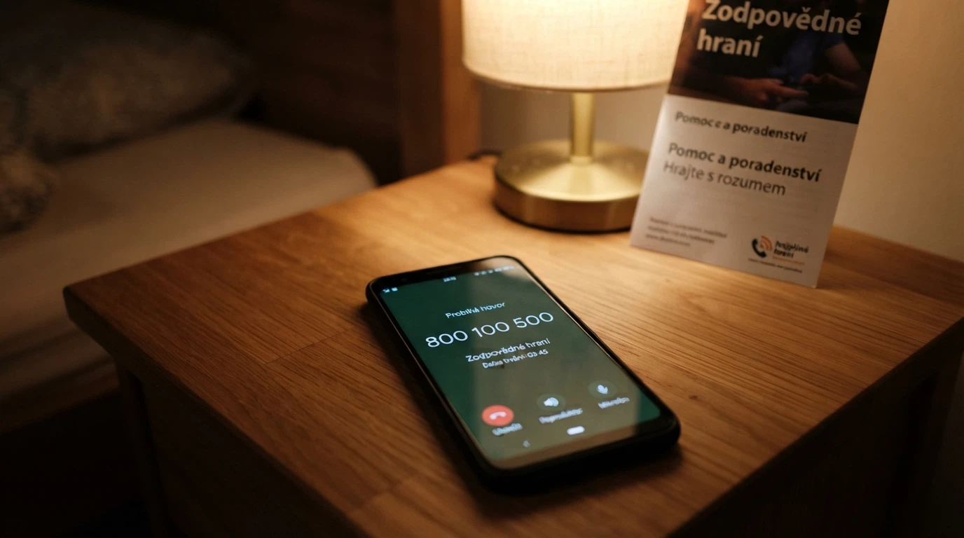 Telefon s vytočeným číslem linky pomoci na displeji, v pozadí logo zodpovědného hraní