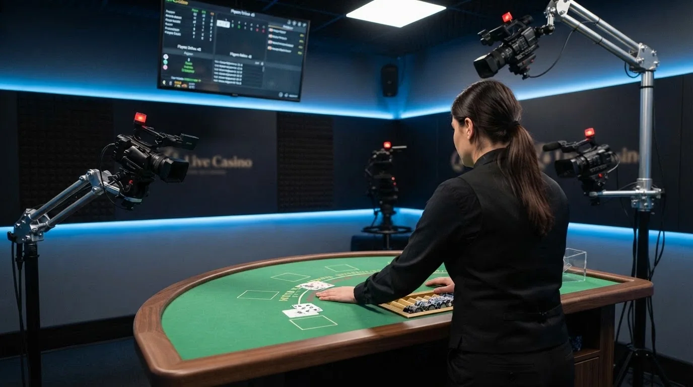 krupiér u blackjackového stolu v live studiu, kamera snímá rozdané karty