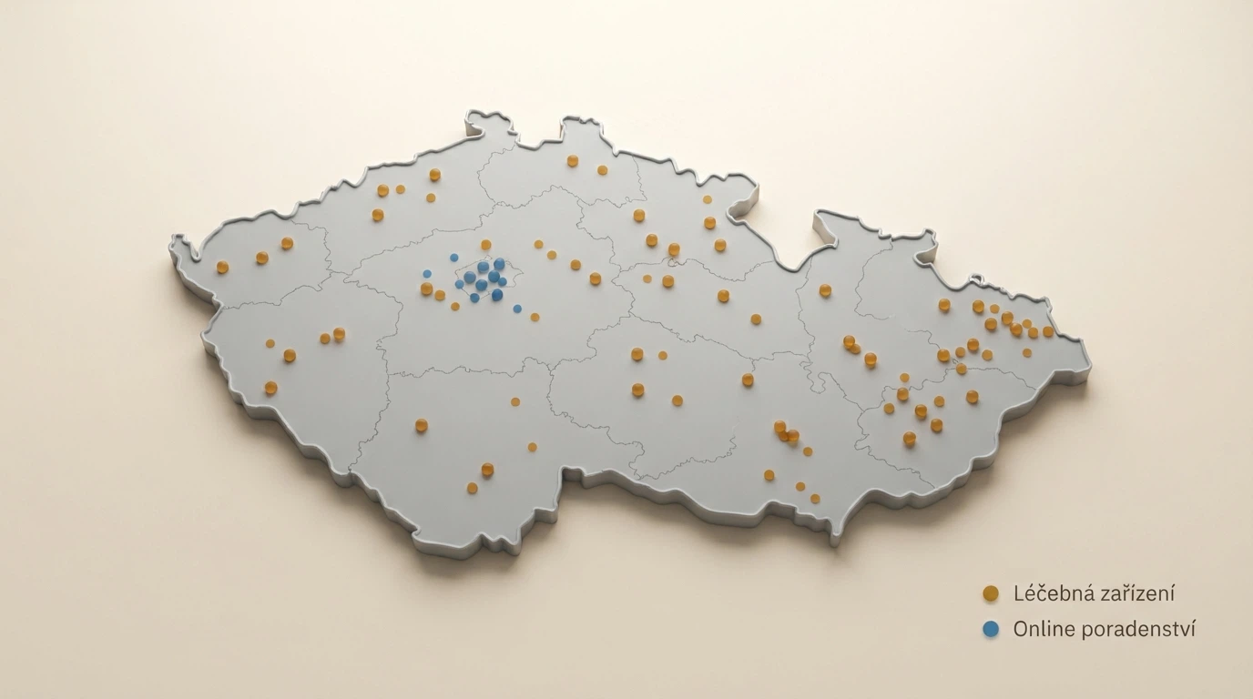 Mapa České republiky s vyznačenými body — 93 zařízení a 26 online poraden pro pomoc s hazardem
