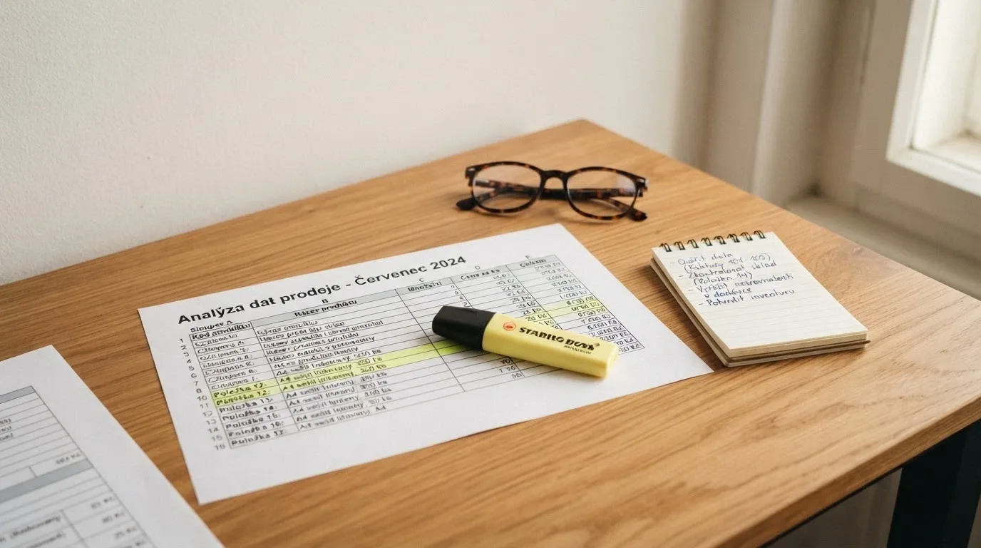 Stůl s dokumenty — výpis z registru MF ČR, poznámky, zvýrazňovač — novinářský styl, žádné logo