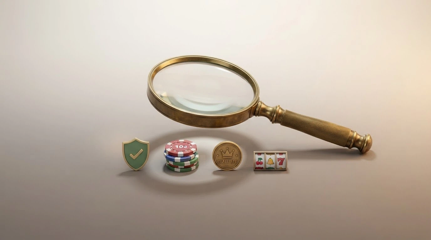 Lupa nad seznamem kritérií — ikony pro licenci, počet otoček, hodnotu spinu a cílový automat
