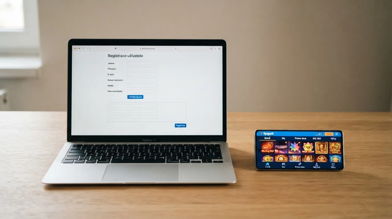 Notebook a mobilní telefon vedle sebe — na displeji notebooku otevřený rejstřík MF ČR, na telefonu rozhraní mobilního casina