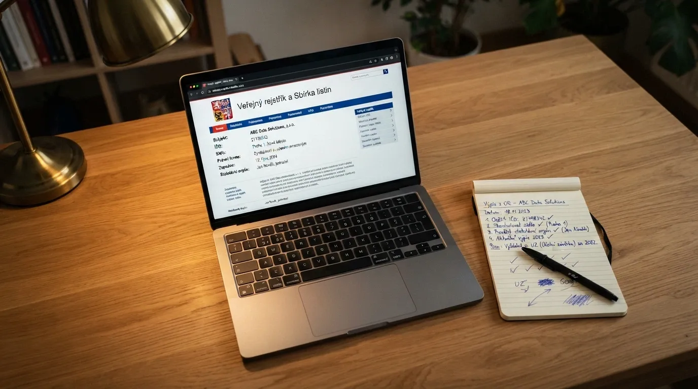 Stůl s otevřeným notebookem zobrazujícím whitelist MF ČR, vedle leží poznámkový blok s ručně psanými kritérii hodnocení — protočení, výše bonusu, platnost, max výplata