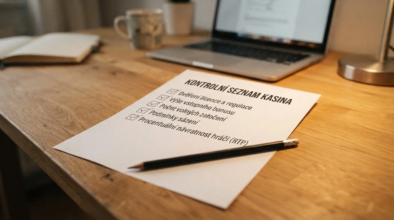 Kontrolní seznam na papíře s odškrtnutými položkami: licence MF ČR, výše bonusu, počet FS, wagering, RTP