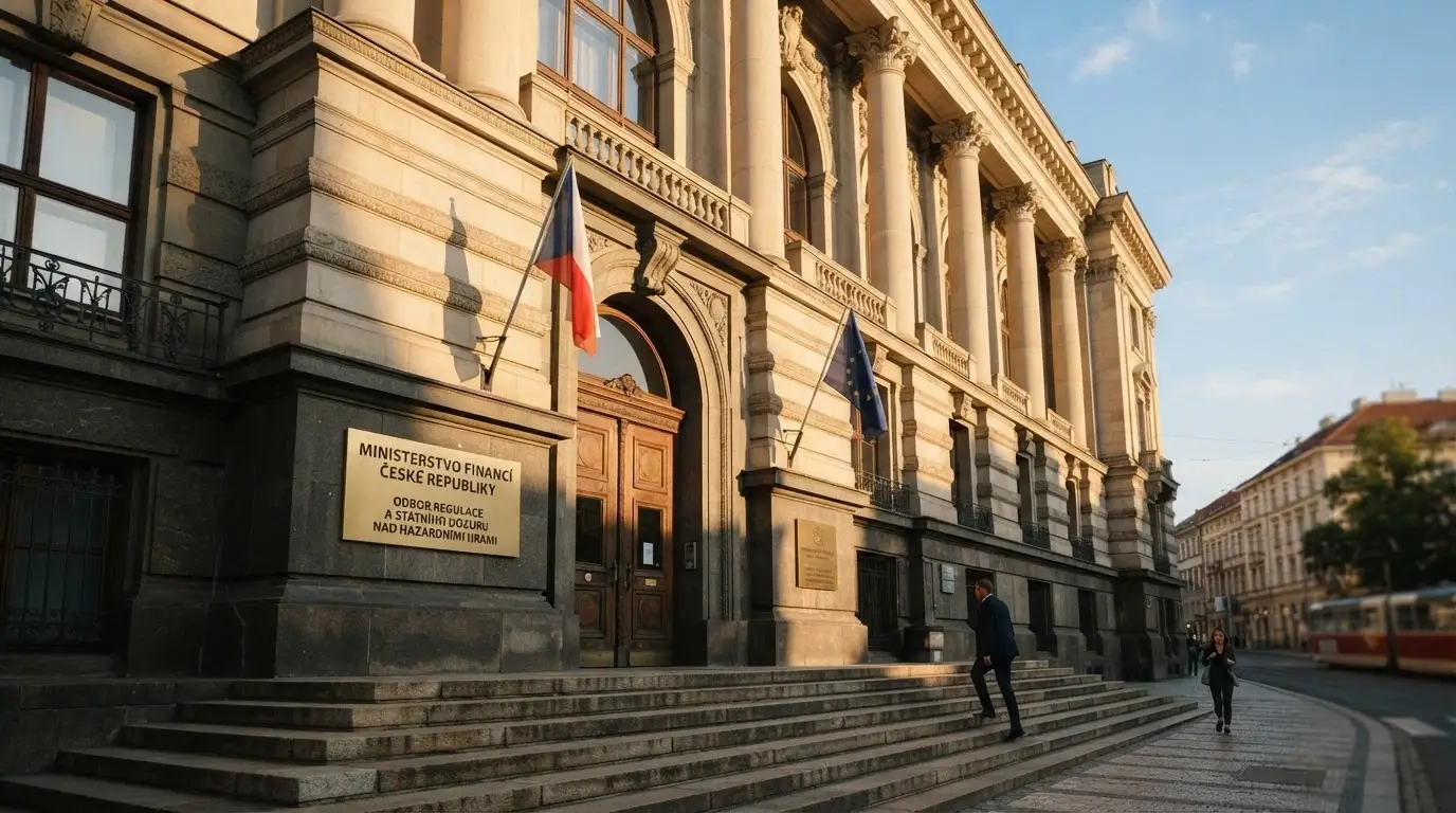 Budova Ministerstva financí ČR nebo služební označení Celní správy — symbol státního dozoru nad hazardem